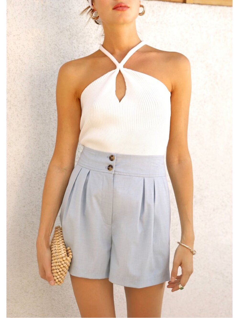 Greylin Matilda Pale Blue Pleat Front Shorts, XS